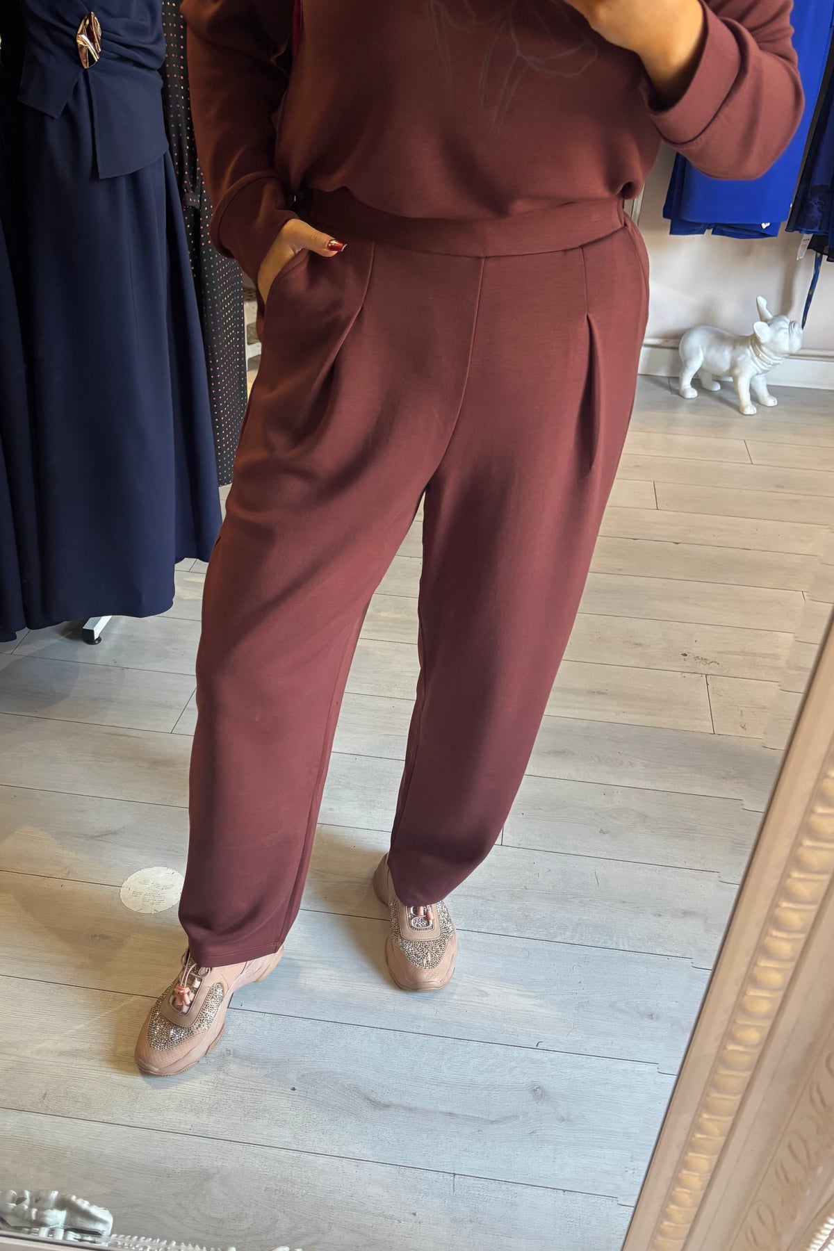Fransa Rum Raisin Red Super Soft Modal Carrot Leg Tapered Trousers