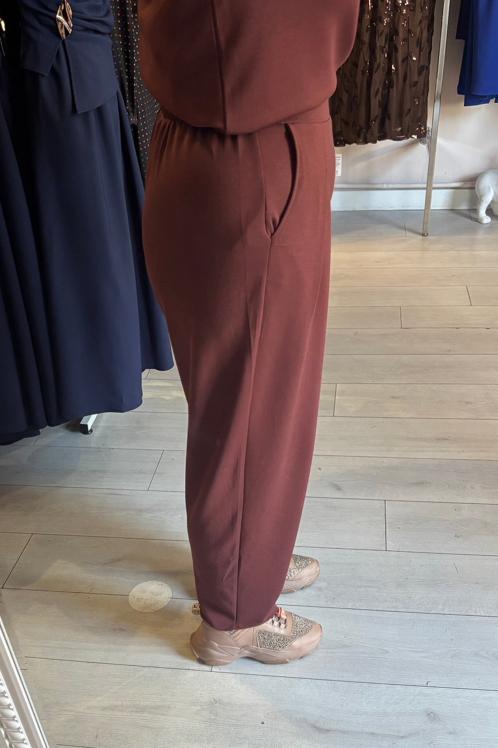 Fransa Rum Raisin Red Super Soft Modal Carrot Leg Tapered Trousers