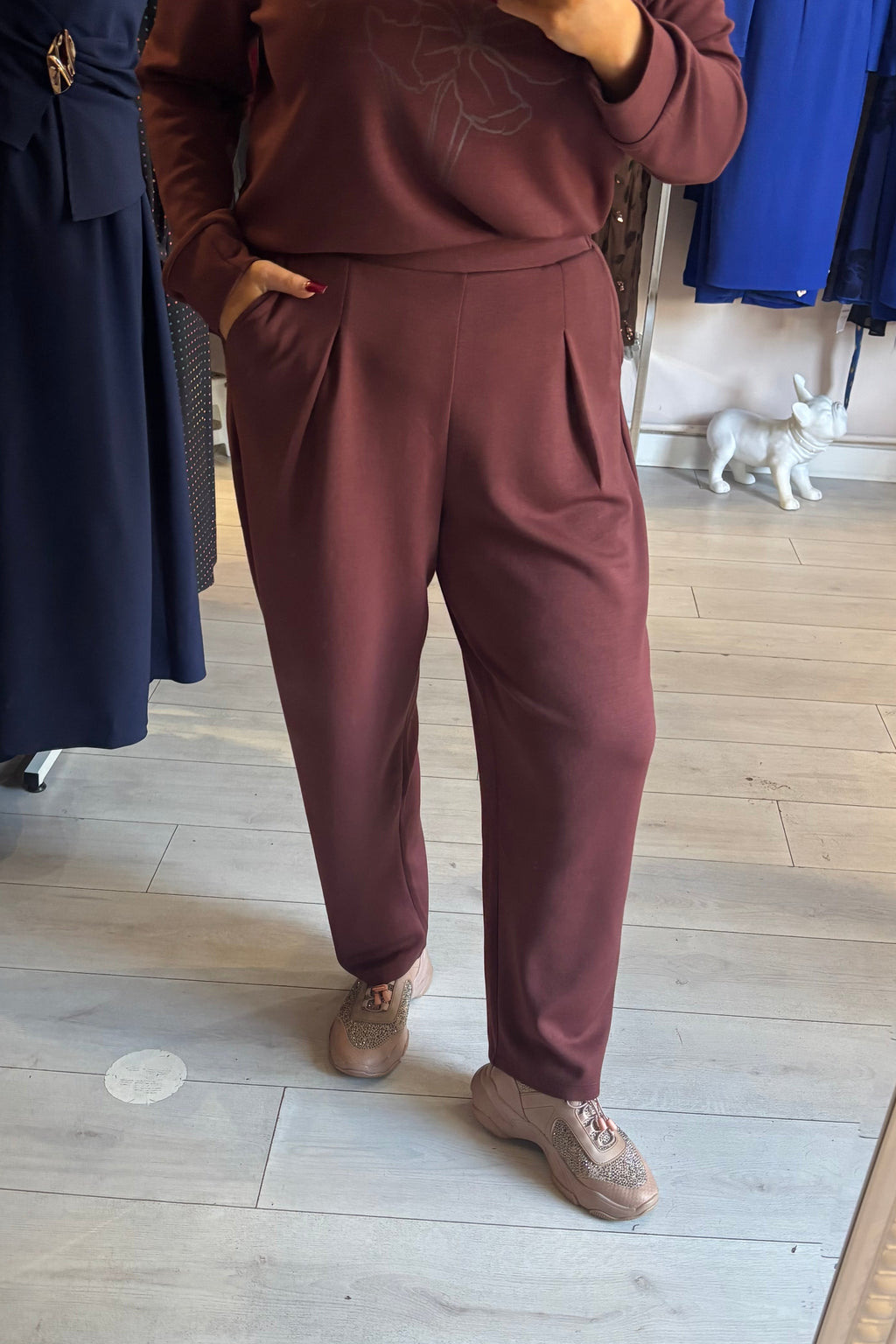 Fransa Rum Raisin Red Super Soft Modal Carrot Leg Tapered Trousers