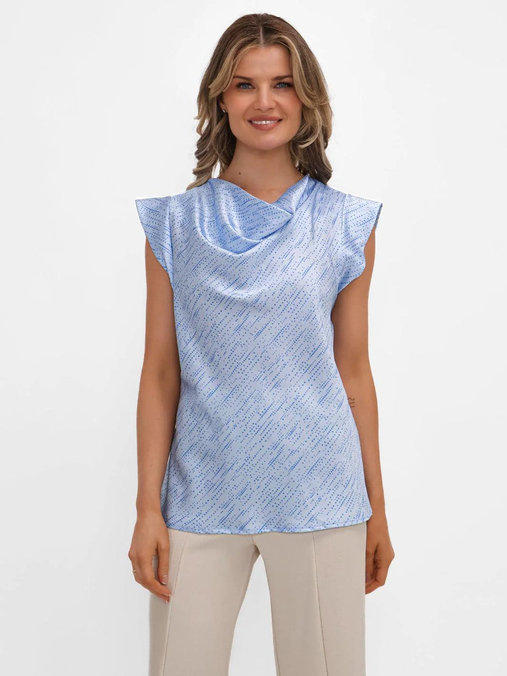 Kate & Pippa Baby & Mid Blue Cowl Neck Satin Top