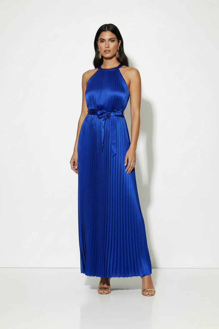 Saint Royal Blue Satin Halter Neck Pleated Maxi Dress