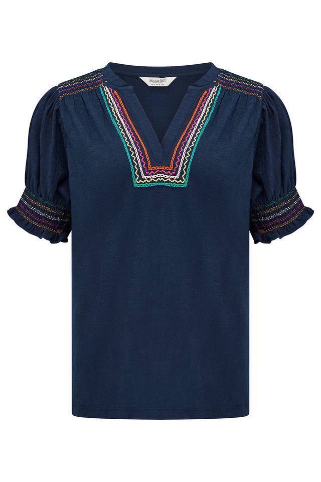 Sugarhill Brighton Navy Blue & Rainbow Embroidered Border Blouse