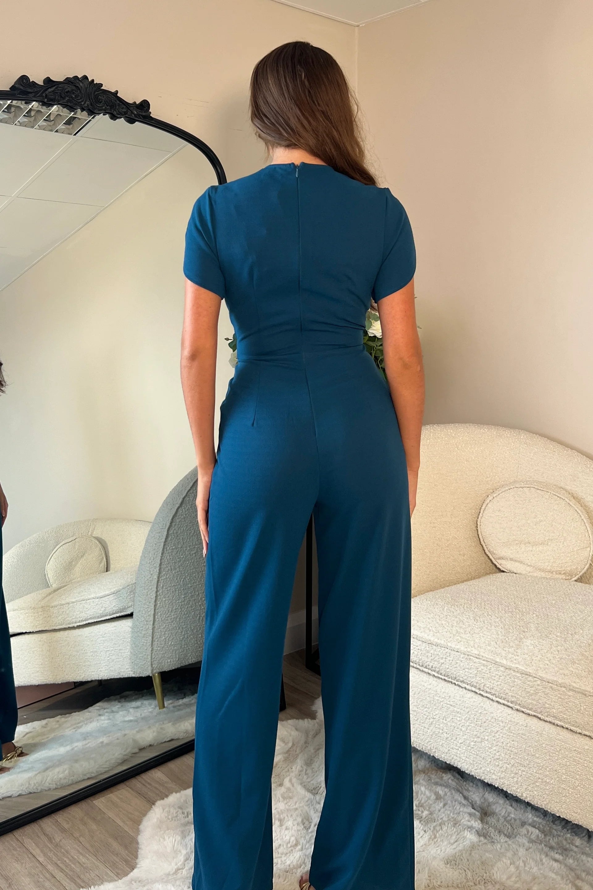 Teal Blue Twist Front Wide Leg Jumpsuit