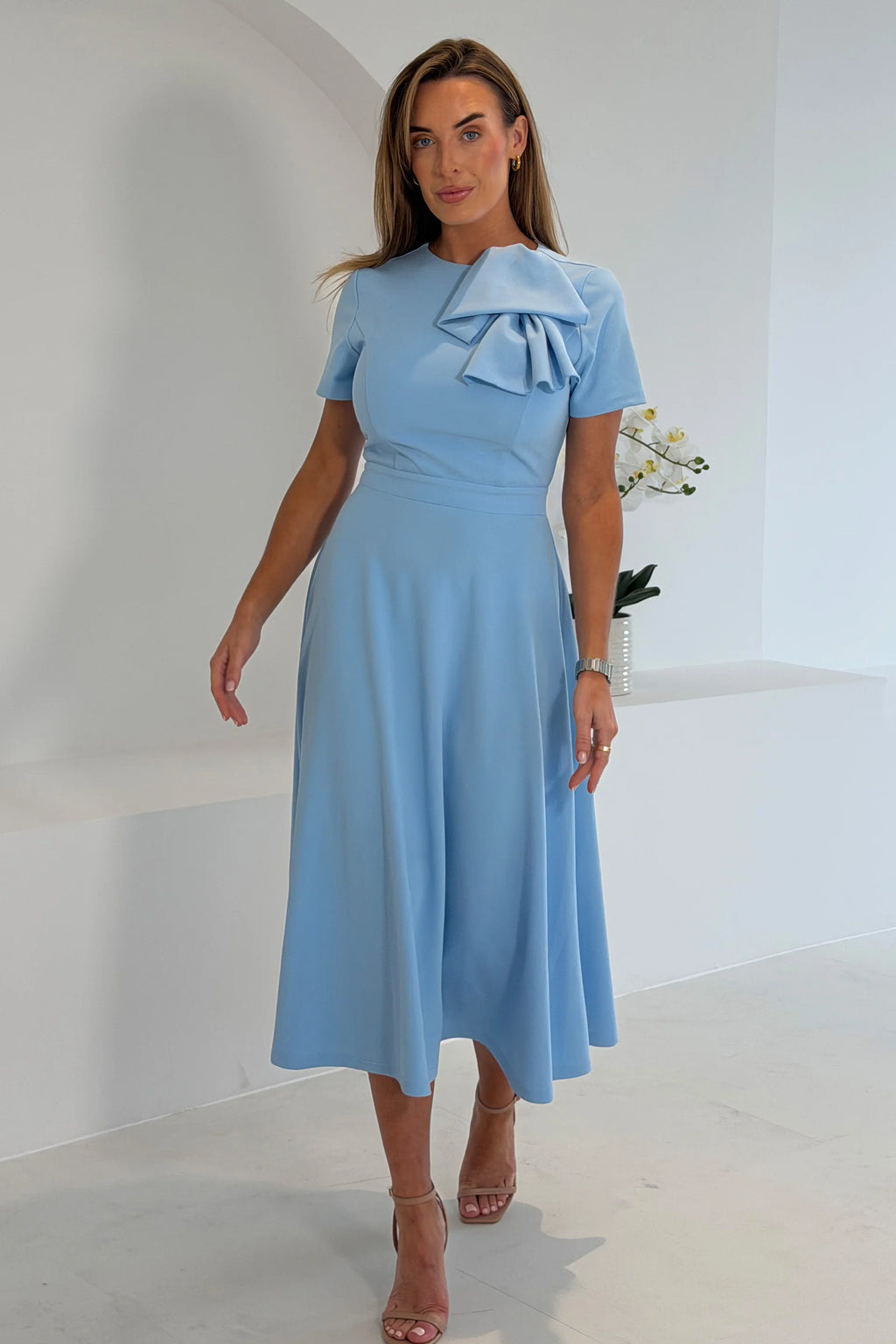 Sky Blue Bow Detail A Line Midi Dress