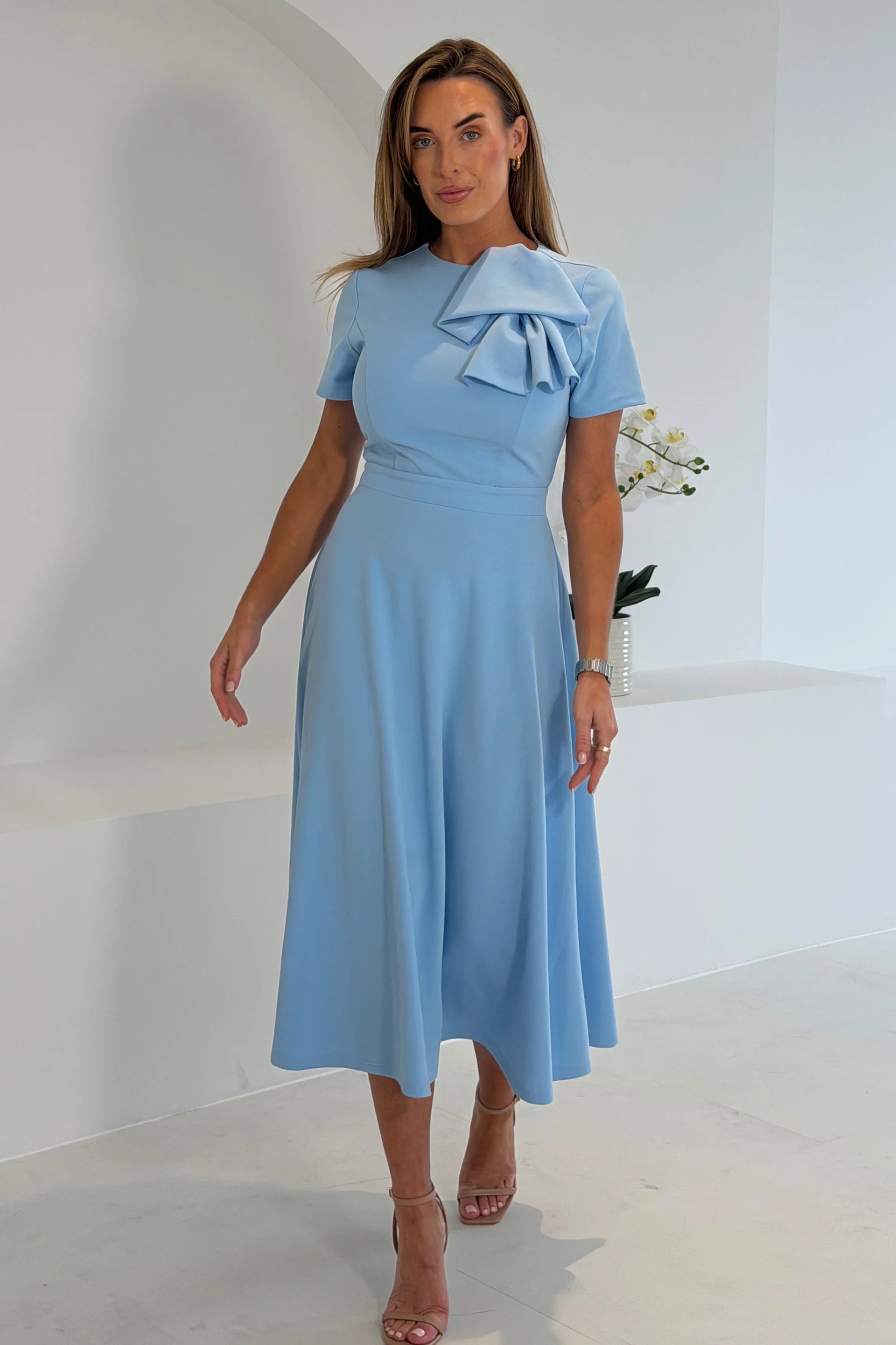Sky Blue Bow Detail A Line Midi Dress