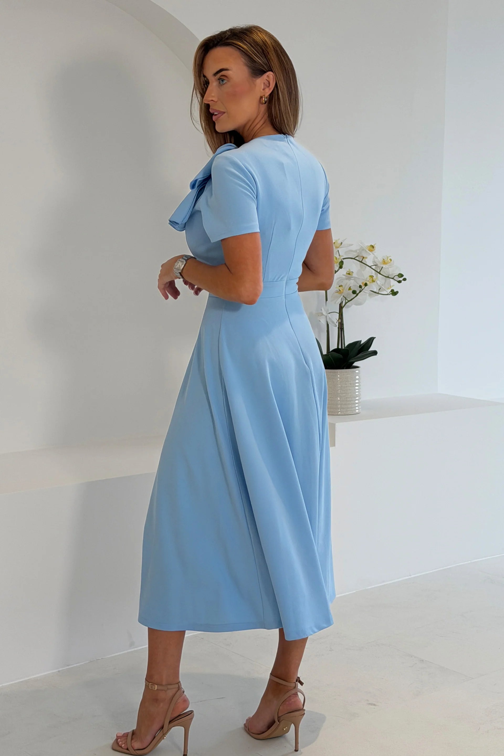 Sky Blue Bow Detail A Line Midi Dress