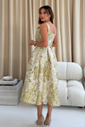 Sage & Mixed Green Metallic Gold Jacquard Sweetheart A Line Midi Dress