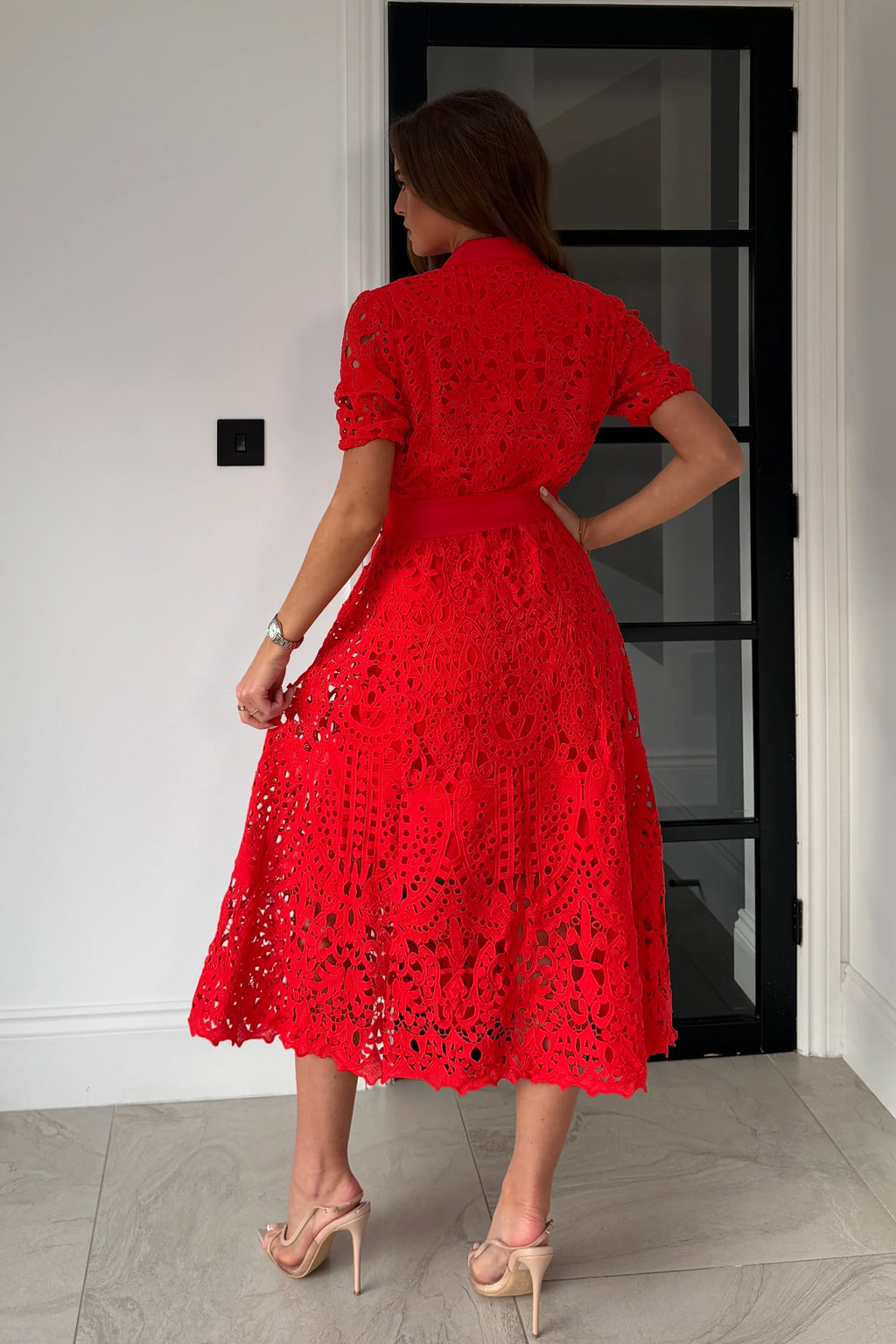 Red Laser Cut Lace Button Down Belted Midi Dress