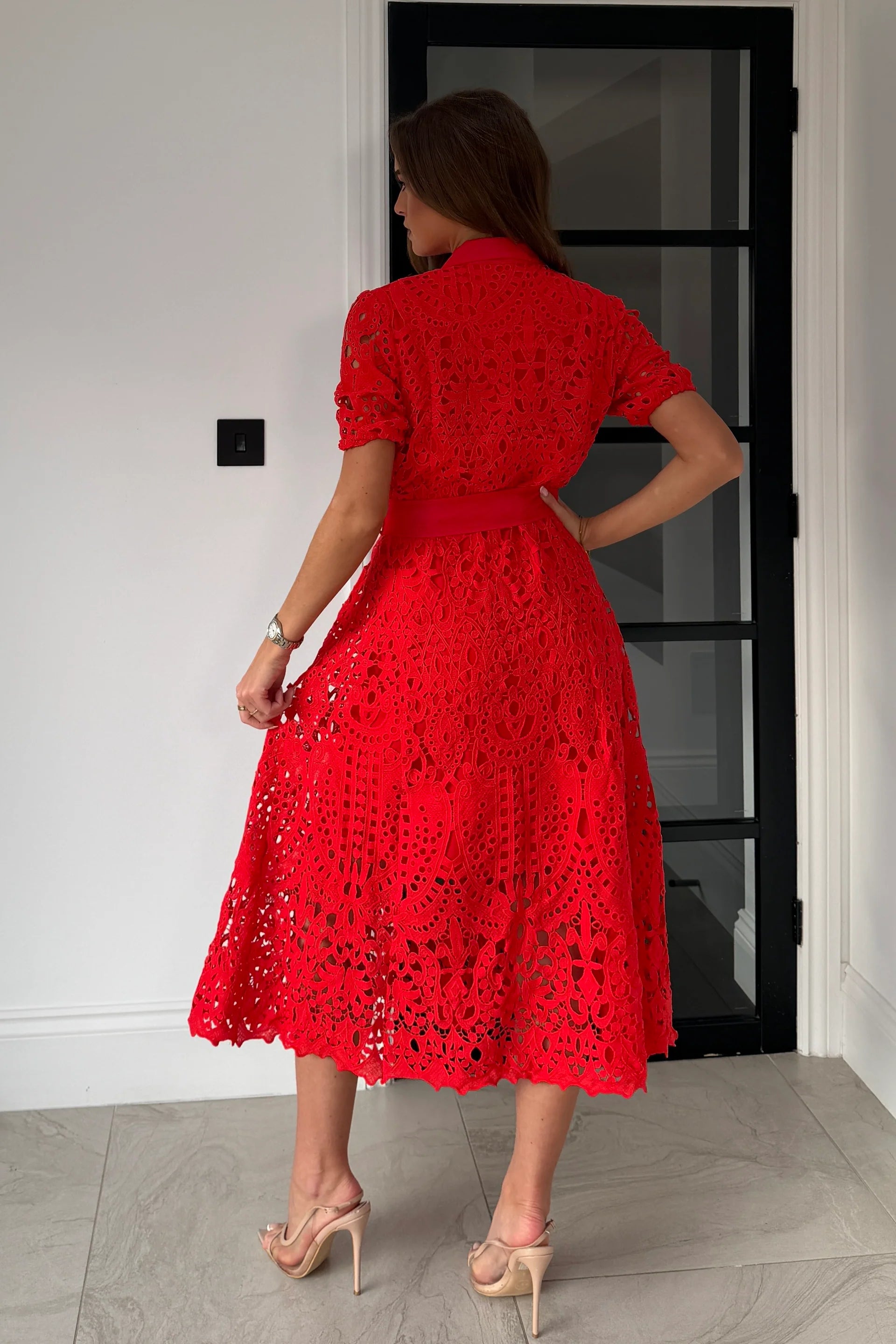 Red Laser Cut Lace Button Down Belted Midi Dress
