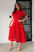 Red Laser Cut Lace Button Down Belted Midi Dress