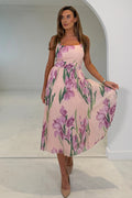 Mixed Peach Lilac & Green Floral Pleated Midi Dress