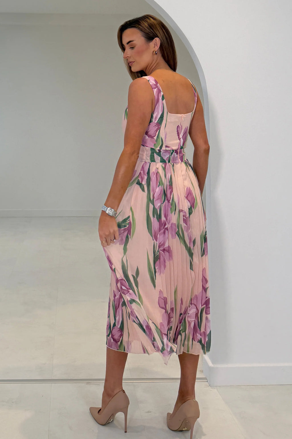 Mixed Peach Lilac & Green Floral Pleated Midi Dress