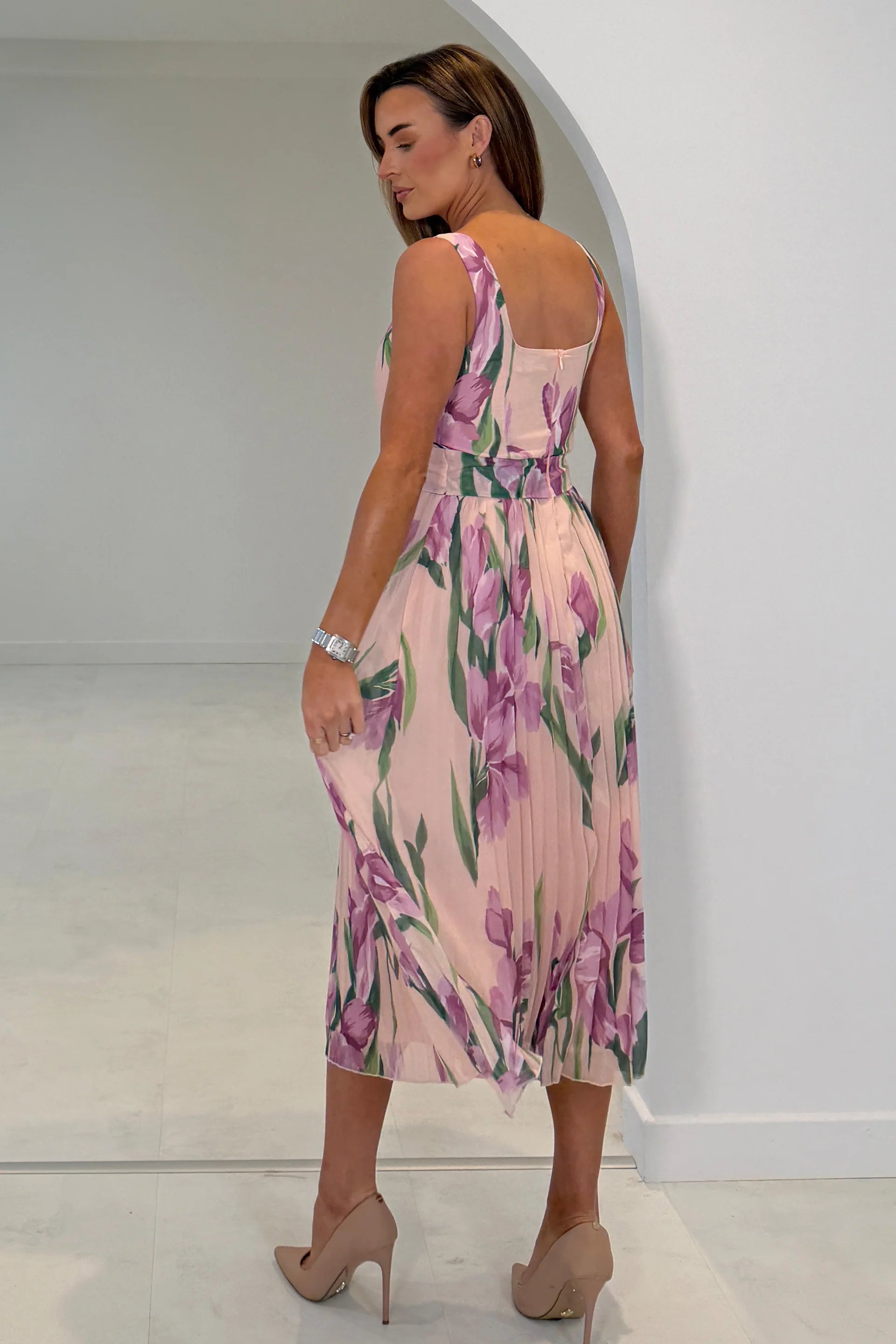 Mixed Peach Lilac & Green Floral Pleated Midi Dress