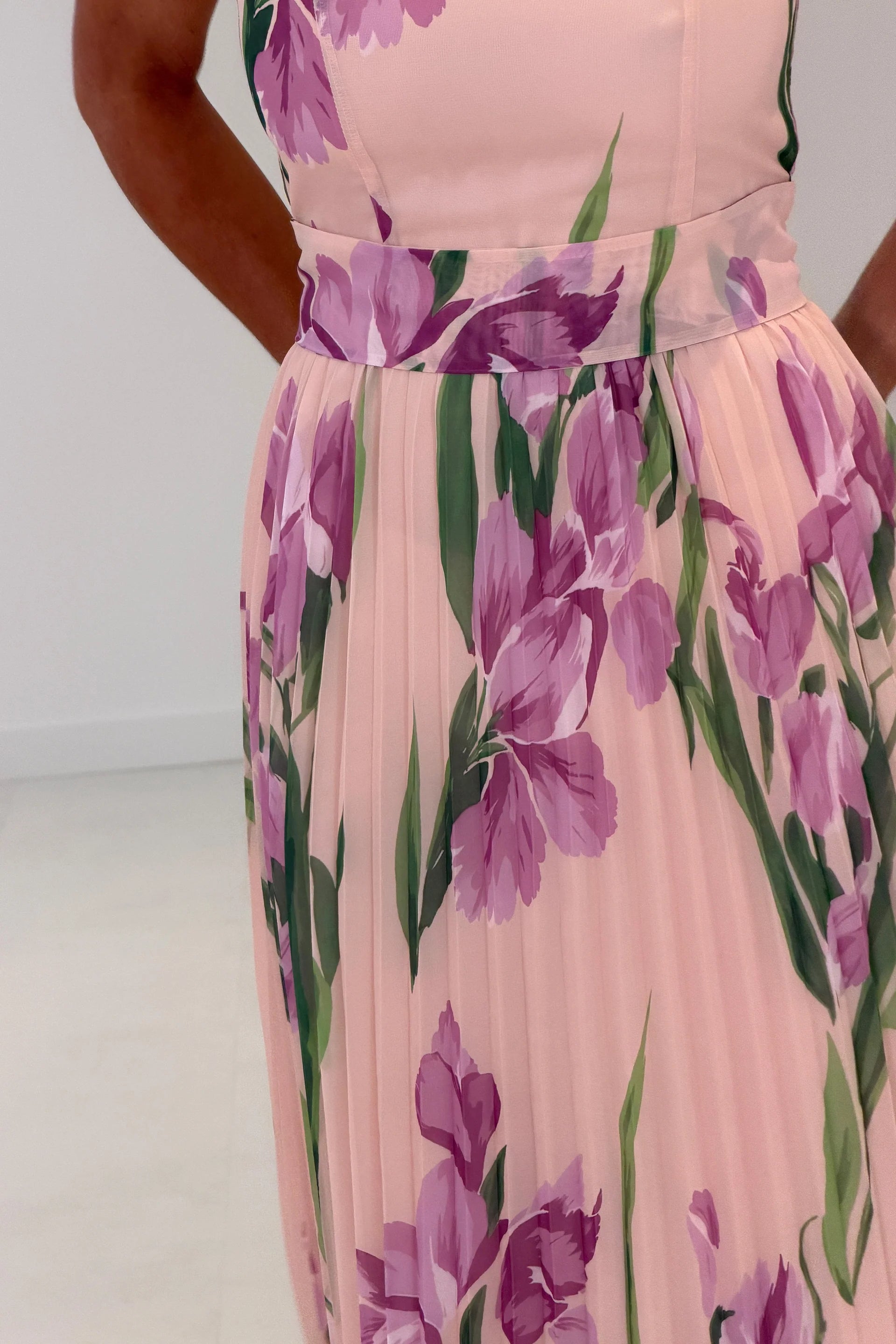 Mixed Peach Lilac & Green Floral Pleated Midi Dress