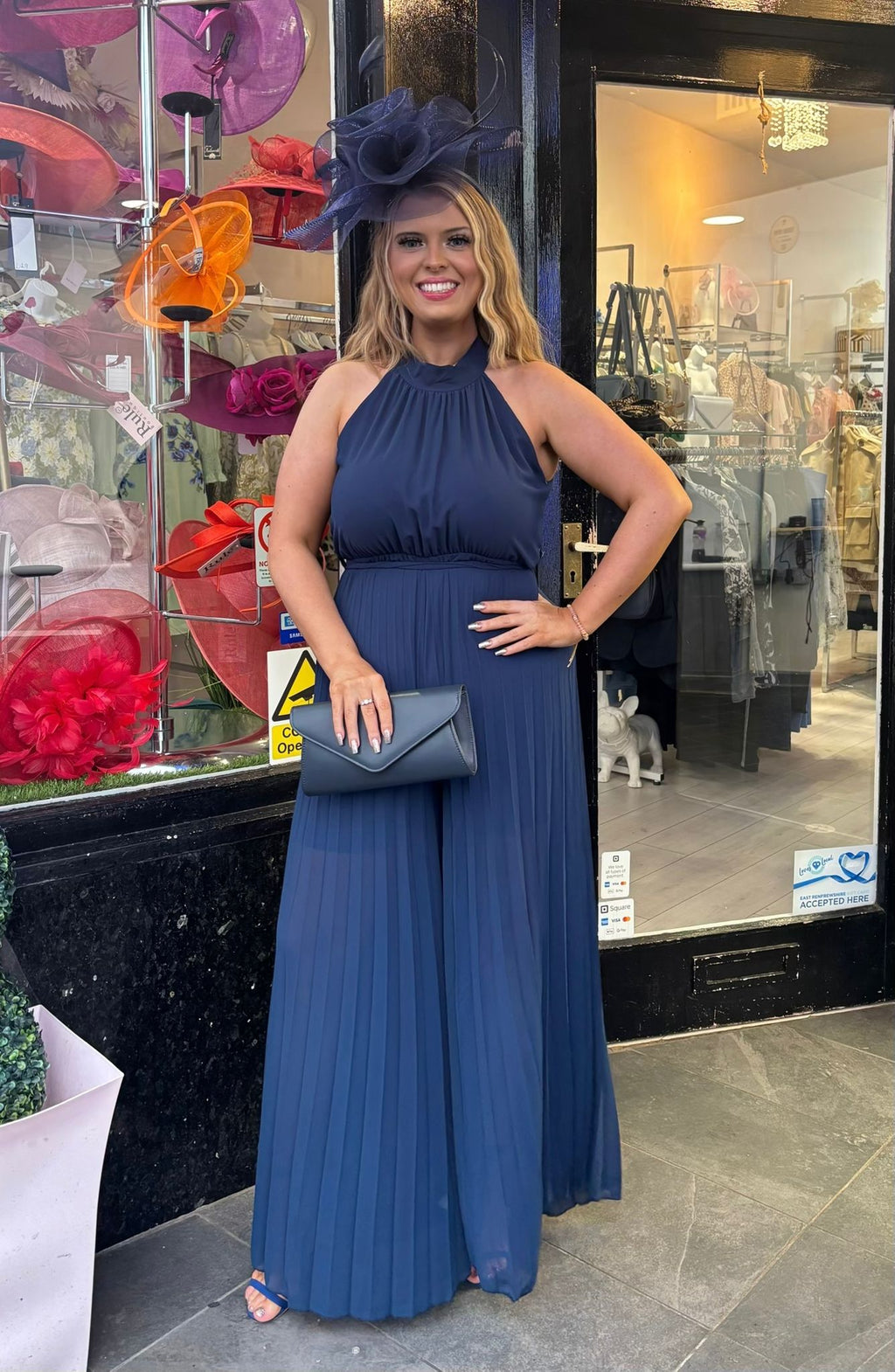 Navy Blue Halter Neck Pleated Jumpsuit