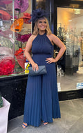 Navy Blue Halter Neck Pleated Jumpsuit