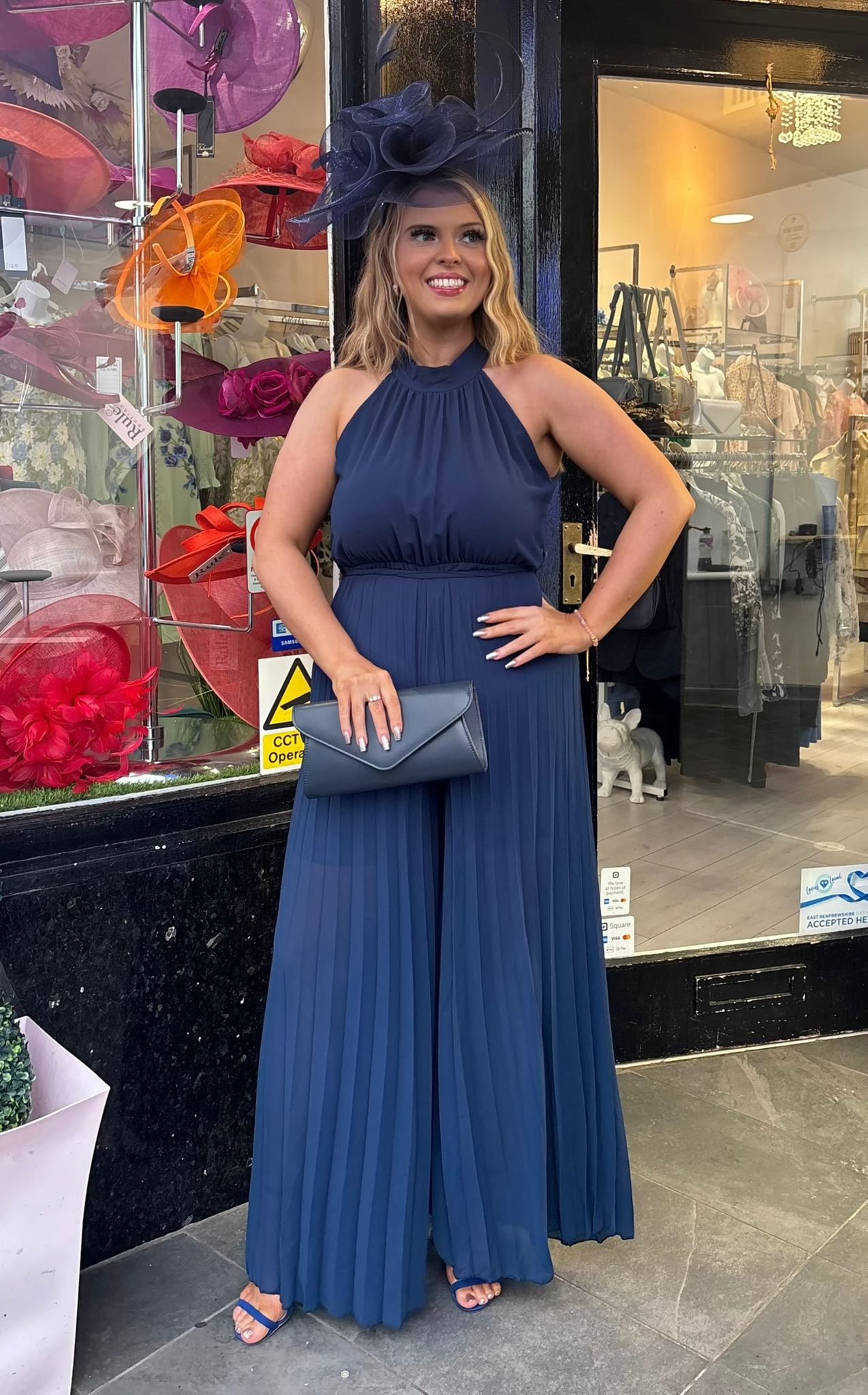 Navy Blue Halter Neck Pleated Jumpsuit