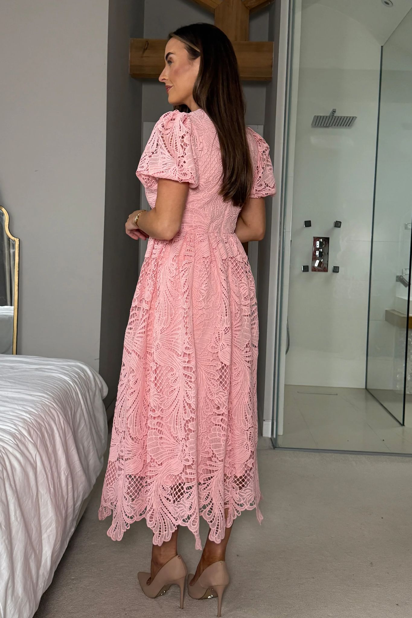 Guipure Lace Puff Sleeve Baby Pink Midi Dress