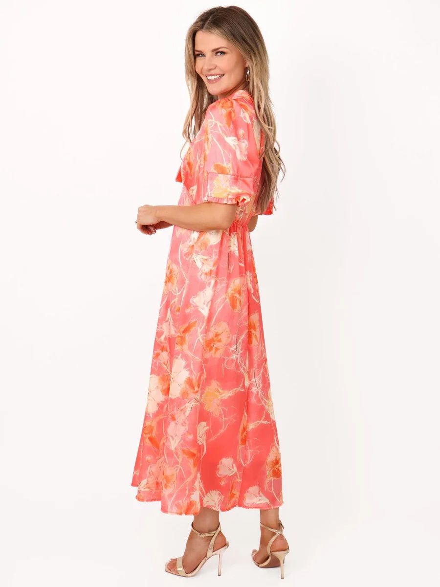 Kate & Pippa Coral Pink & Neutral Floral Satin Midi Dress
