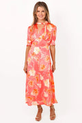 Kate & Pippa Coral Pink & Neutral Floral Satin Midi Dress