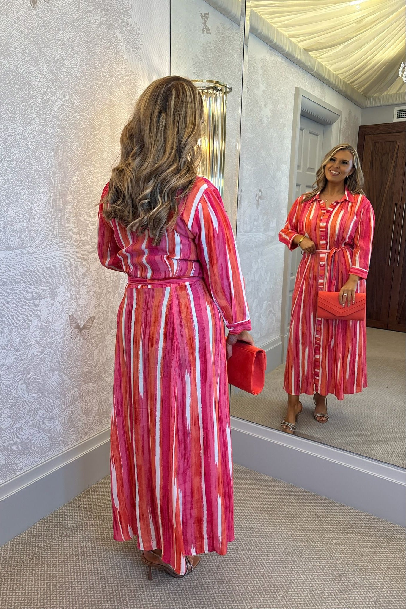 Pomodoro Pink & Orange Stripe Shirt Maxi Dress
