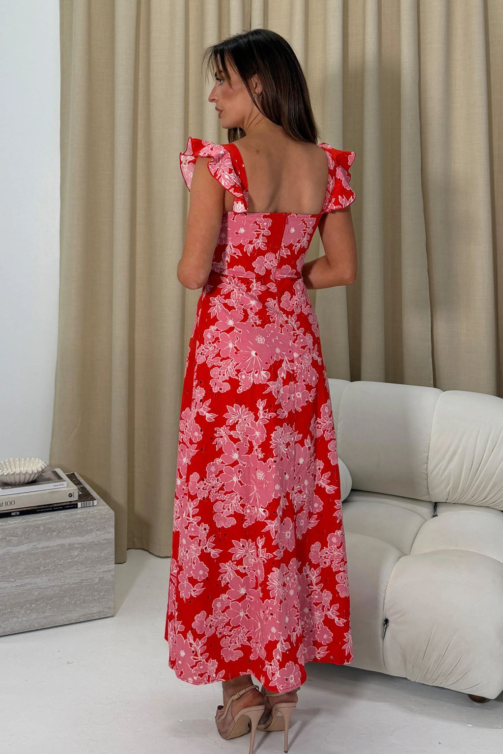 Red & Pink Floral Broderie Anglais Frill Sleeve Maxi Dress
