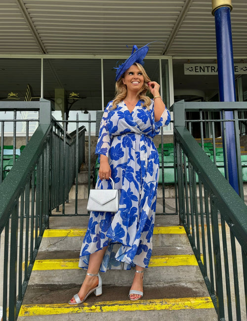 Blue & White Floral Waterfall Hem Maix Dress