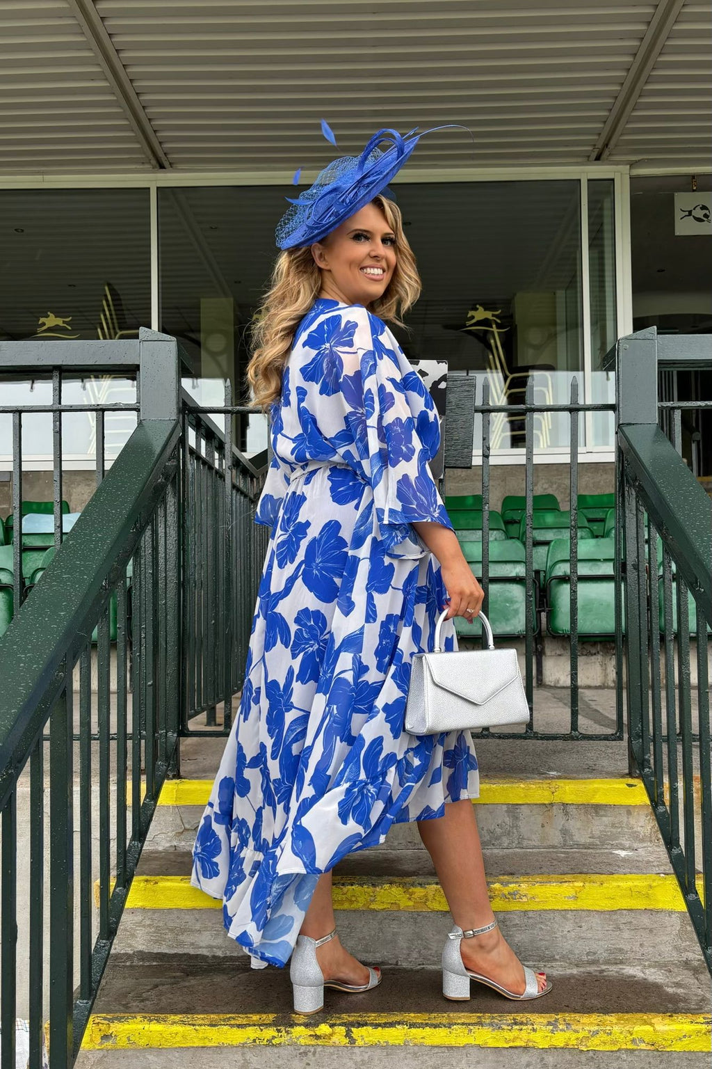 Blue & White Floral Waterfall Hem Maix Dress