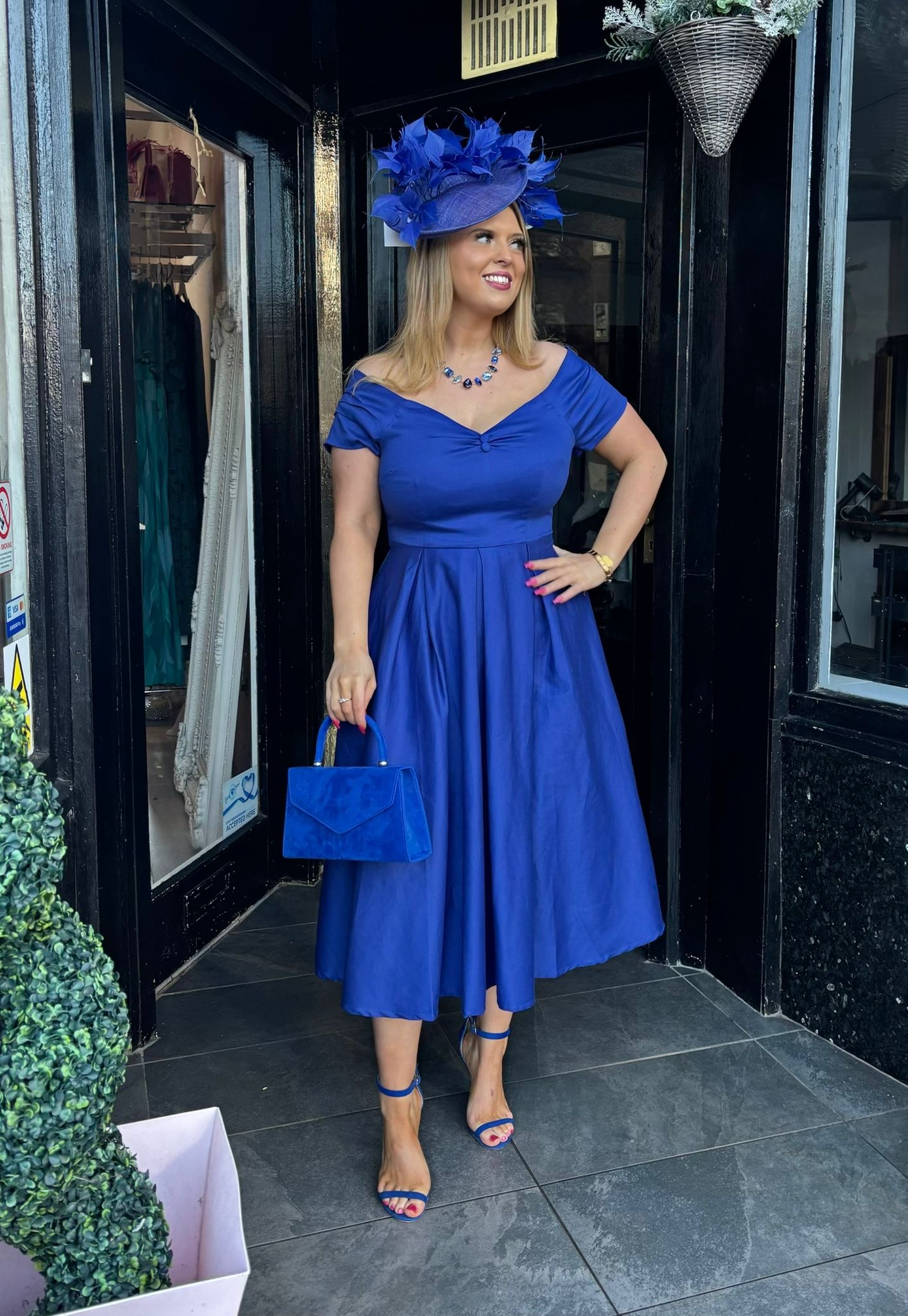 Royal Blue Bardot Full A Line Skirt Dress