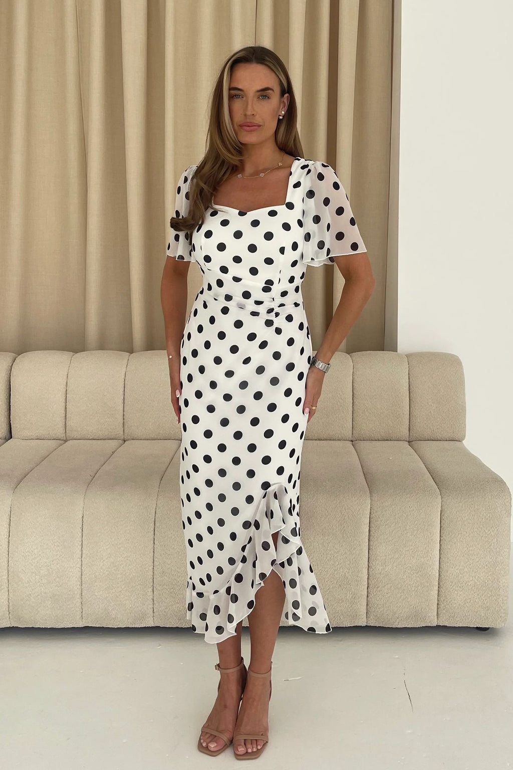 White & Black Monochrome Polka Dot Ruffle Detail Midi Dress
