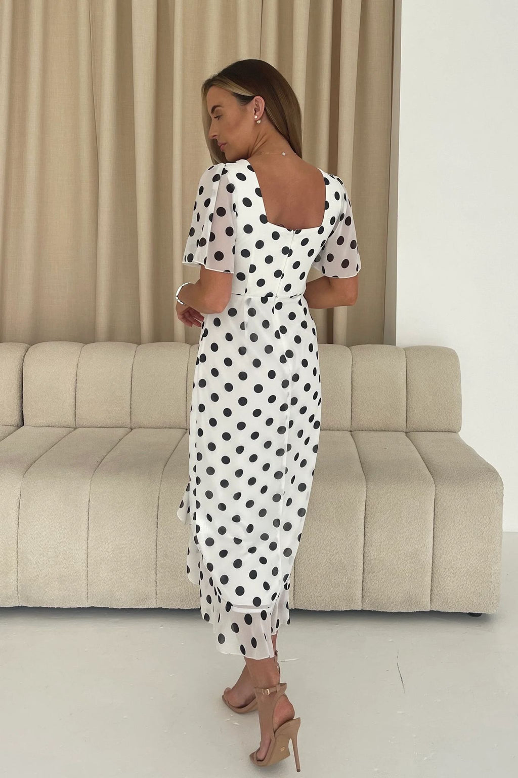 White & Black Monochrome Polka Dot Ruffle Detail Midi Dress