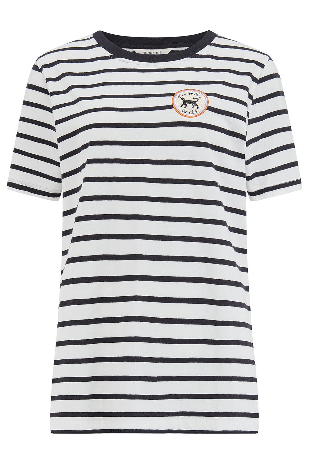 Sugarhill Brighton The Lucky Black Cat Club Embroidered Black & White Striped T-Shirt