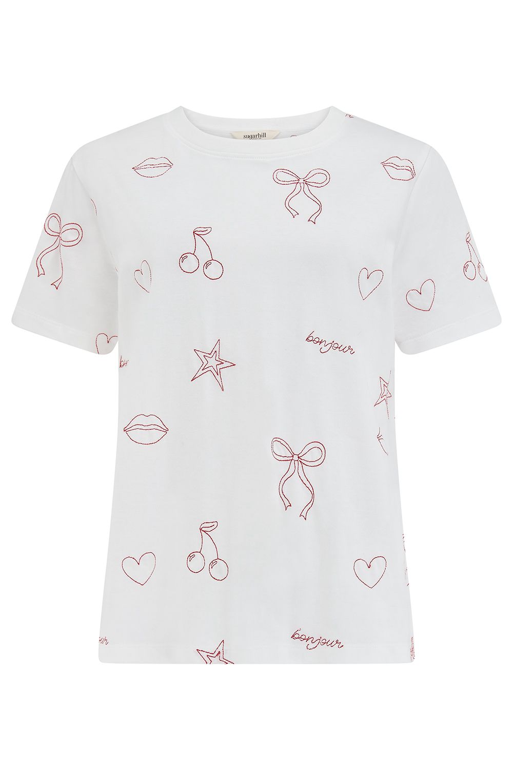 Sugarhill Brighton Red Embroidered Cherry Bow Bonjour  White T-Shirt