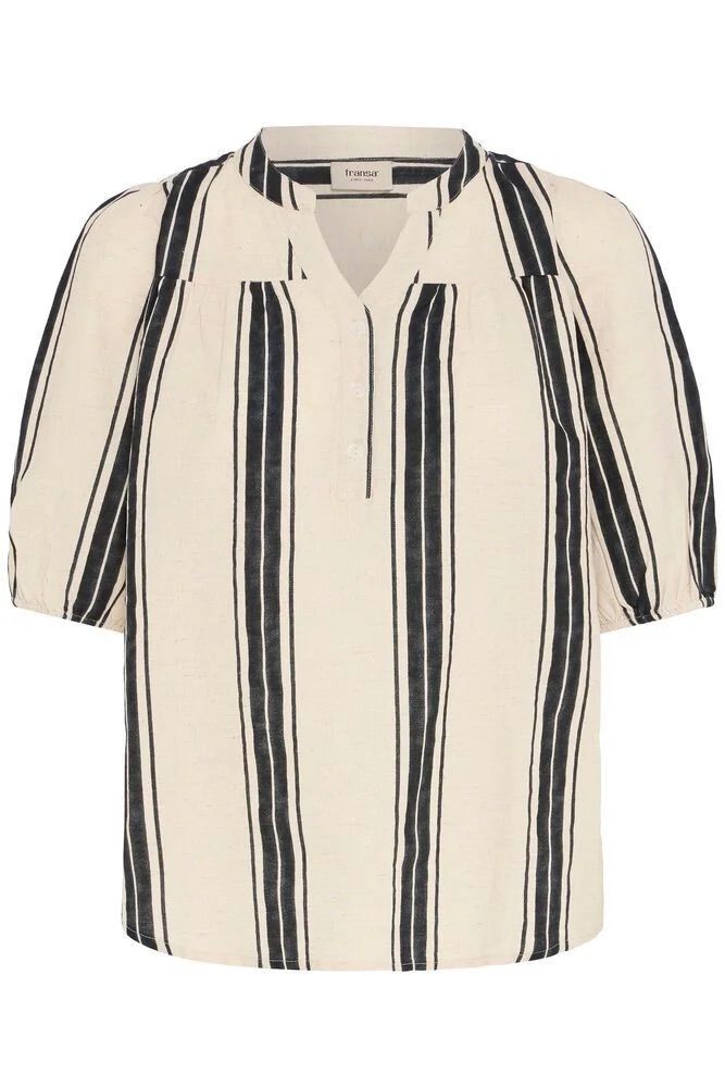 Fransa Neutral & Metorite Stripe Linen V Neck Blouse