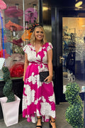 Magenta Pink Floral Waterfall Hem Maxi Dress