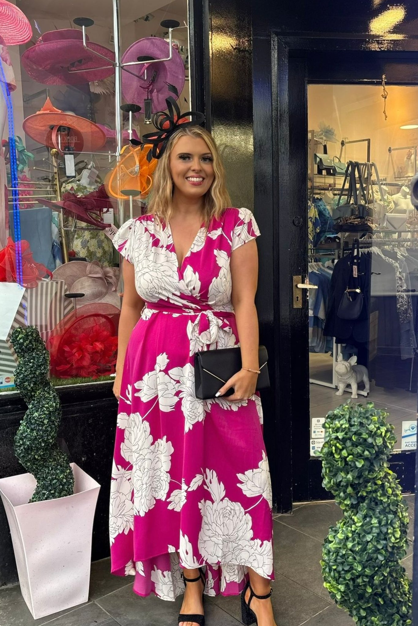 Magenta Pink Floral Waterfall Hem Maxi Dress