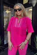 Pomdoro Pink & White Criss Cross Embroidered Top