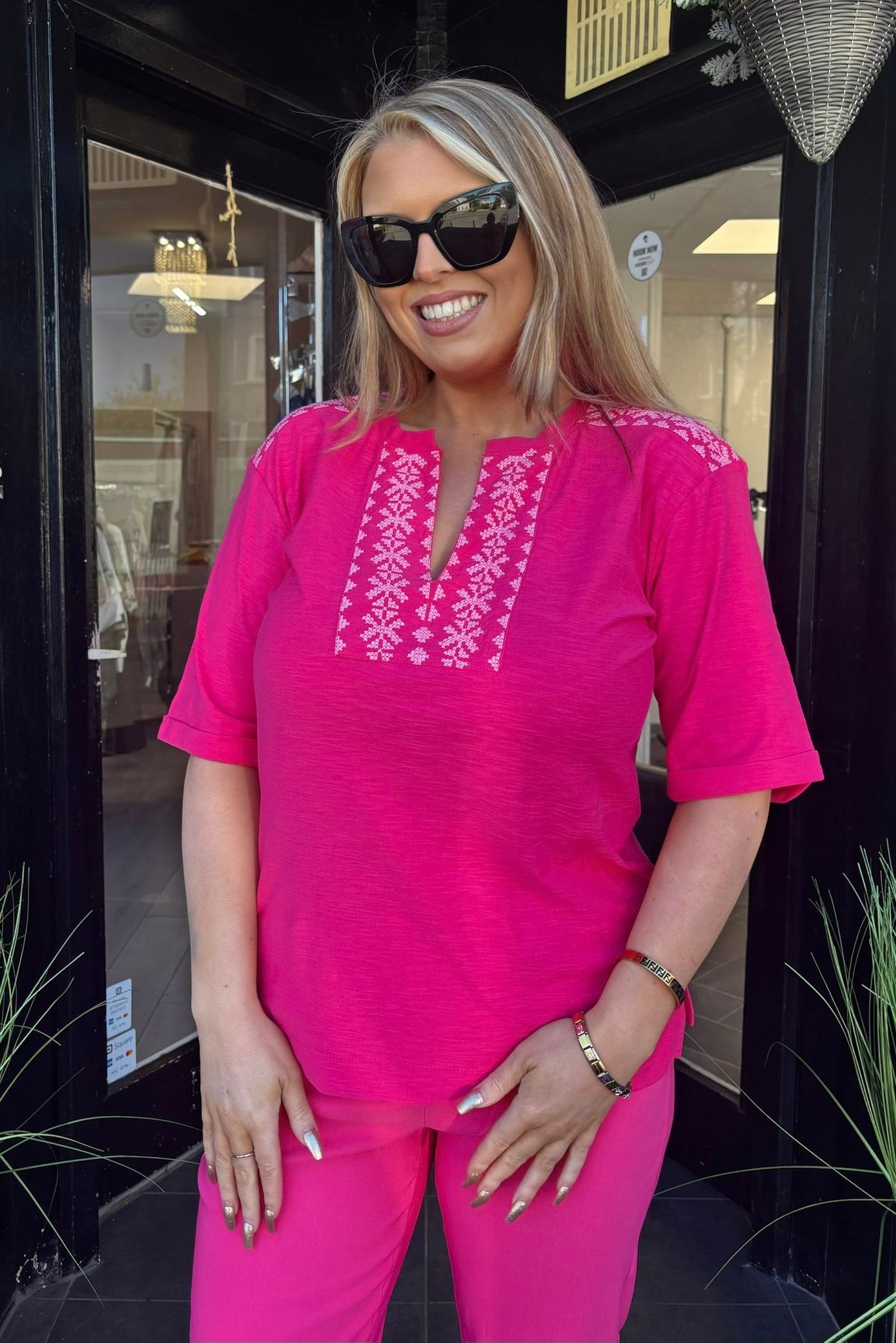 Pomdoro Pink & White Criss Cross Embroidered Top