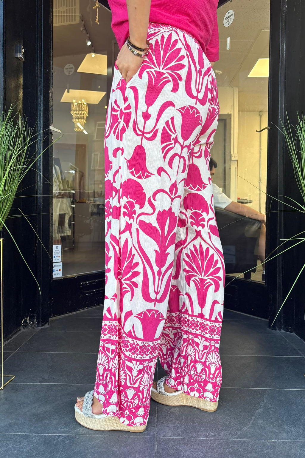 Pomodoro Hot Pink & White Border Print Straight Leg Trousers