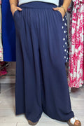 Solo Navy Blue Shirred Palazzo Trousers