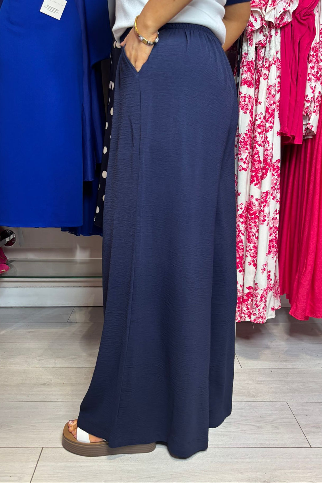 Solo Navy Blue Shirred Palazzo Trousers