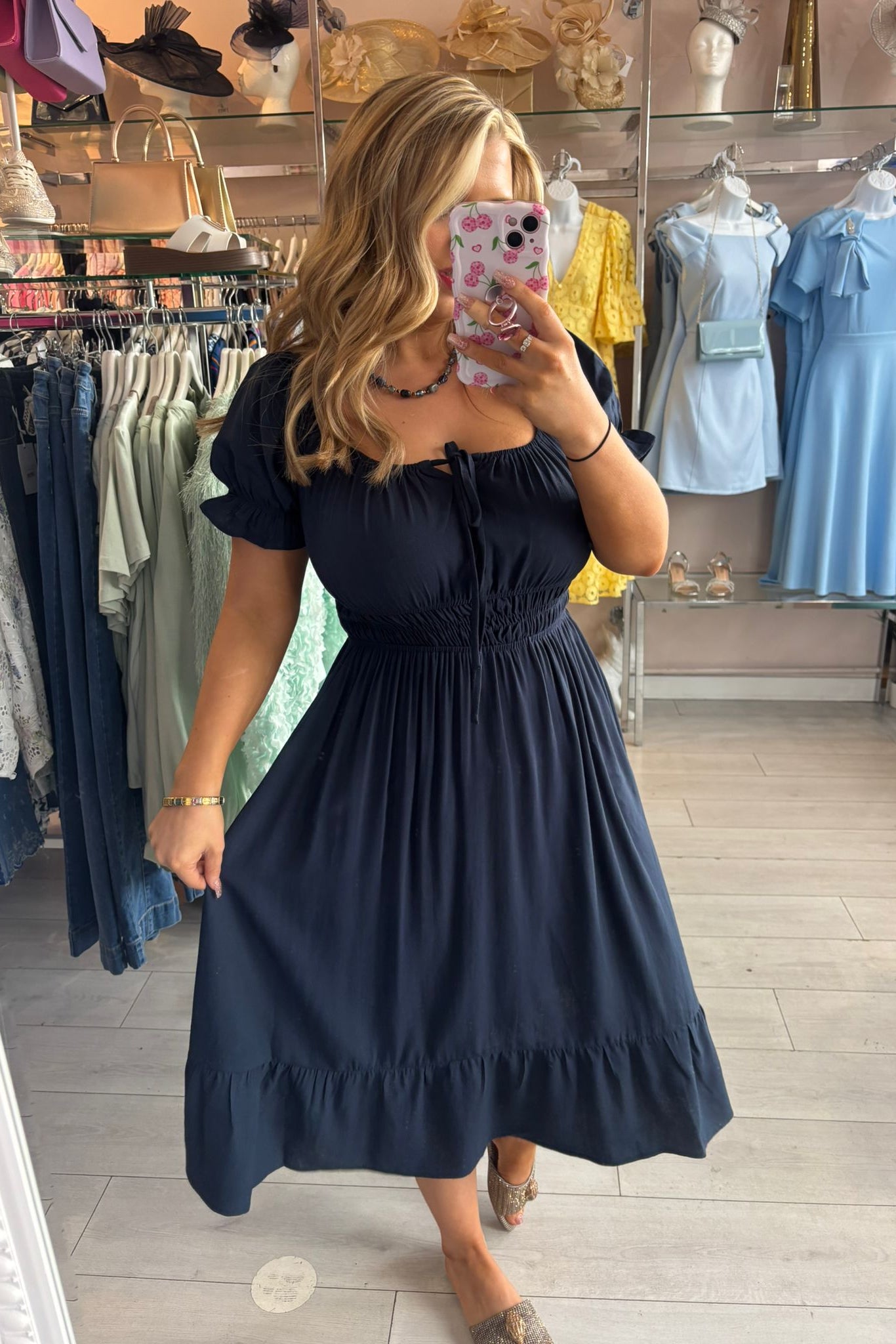 Solo Navy Blue Tie Detail Midi Shirred Dress