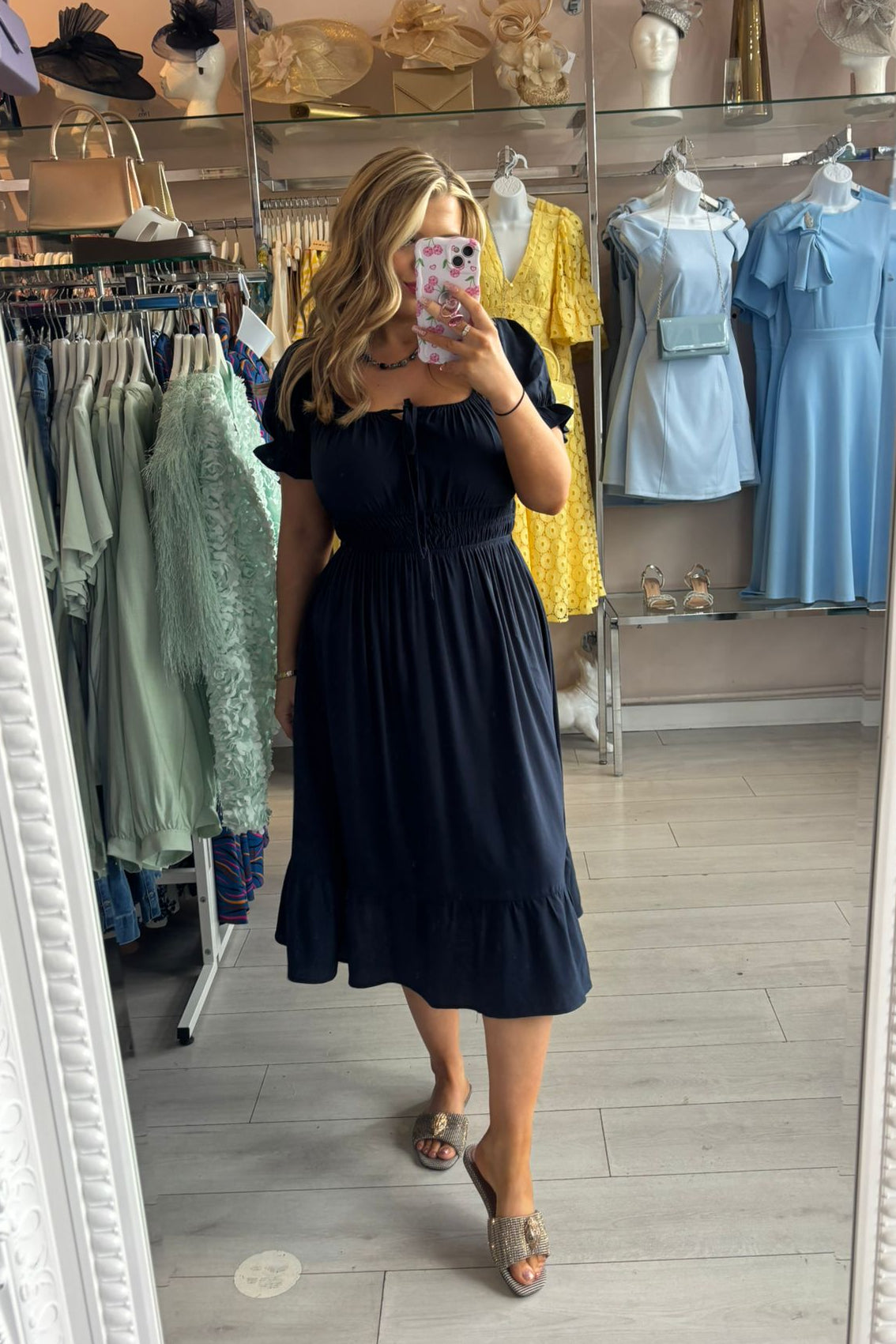Solo Navy Blue Tie Detail Midi Shirred Dress