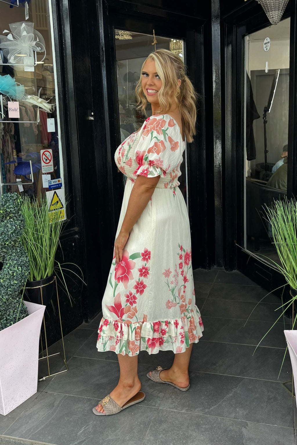 Solo Cream & Peach Pink Floral Shirred Midi Dress