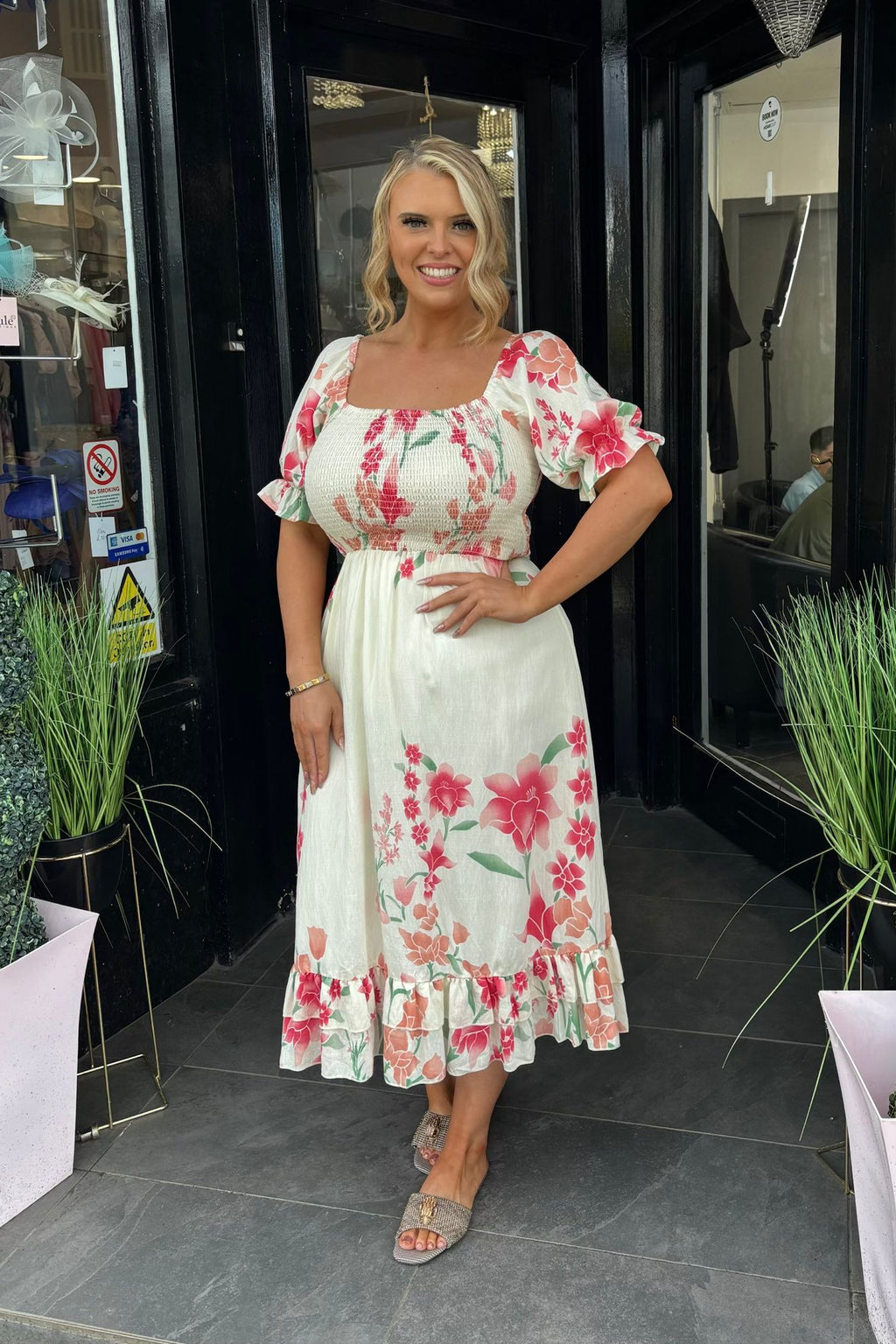 Solo Cream & Peach Pink Floral Shirred Midi Dress