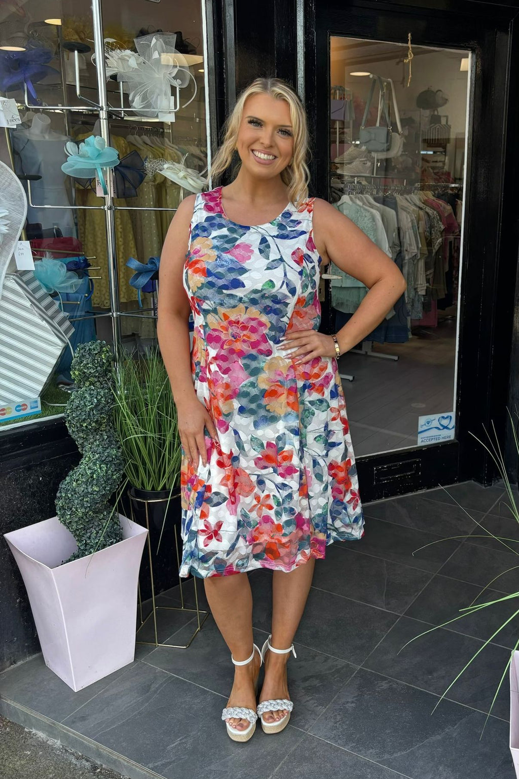 Solo Mixed Orange Pink & Blue Tone Lace Swing Midi Dress