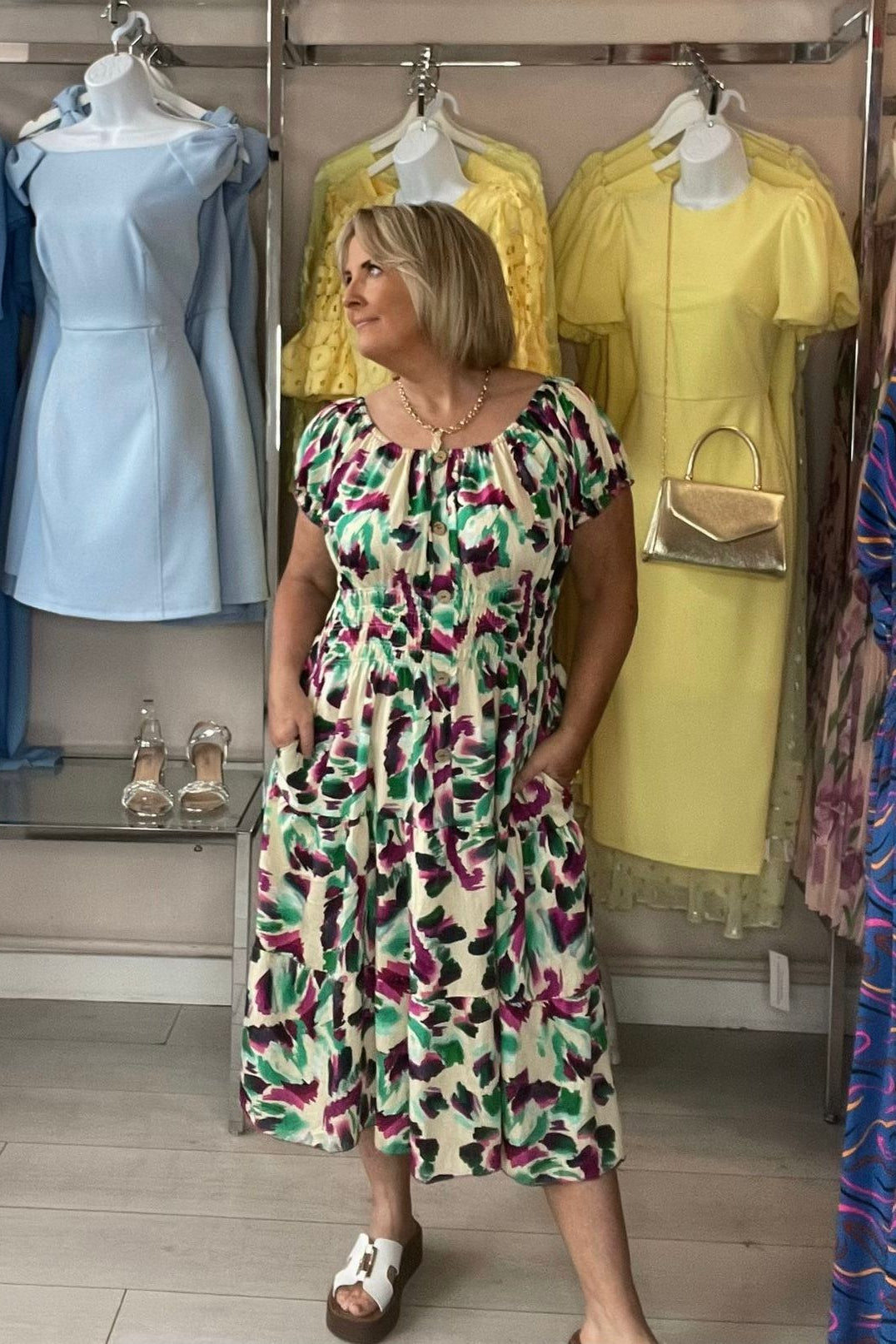 Aqua & Purple Mixed Abstract Shirred Waist Midi Summer Dress