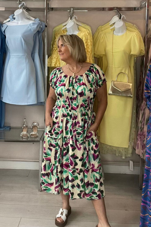 Aqua & Purple Mixed Abstract Shirred Waist Midi Summer Dress