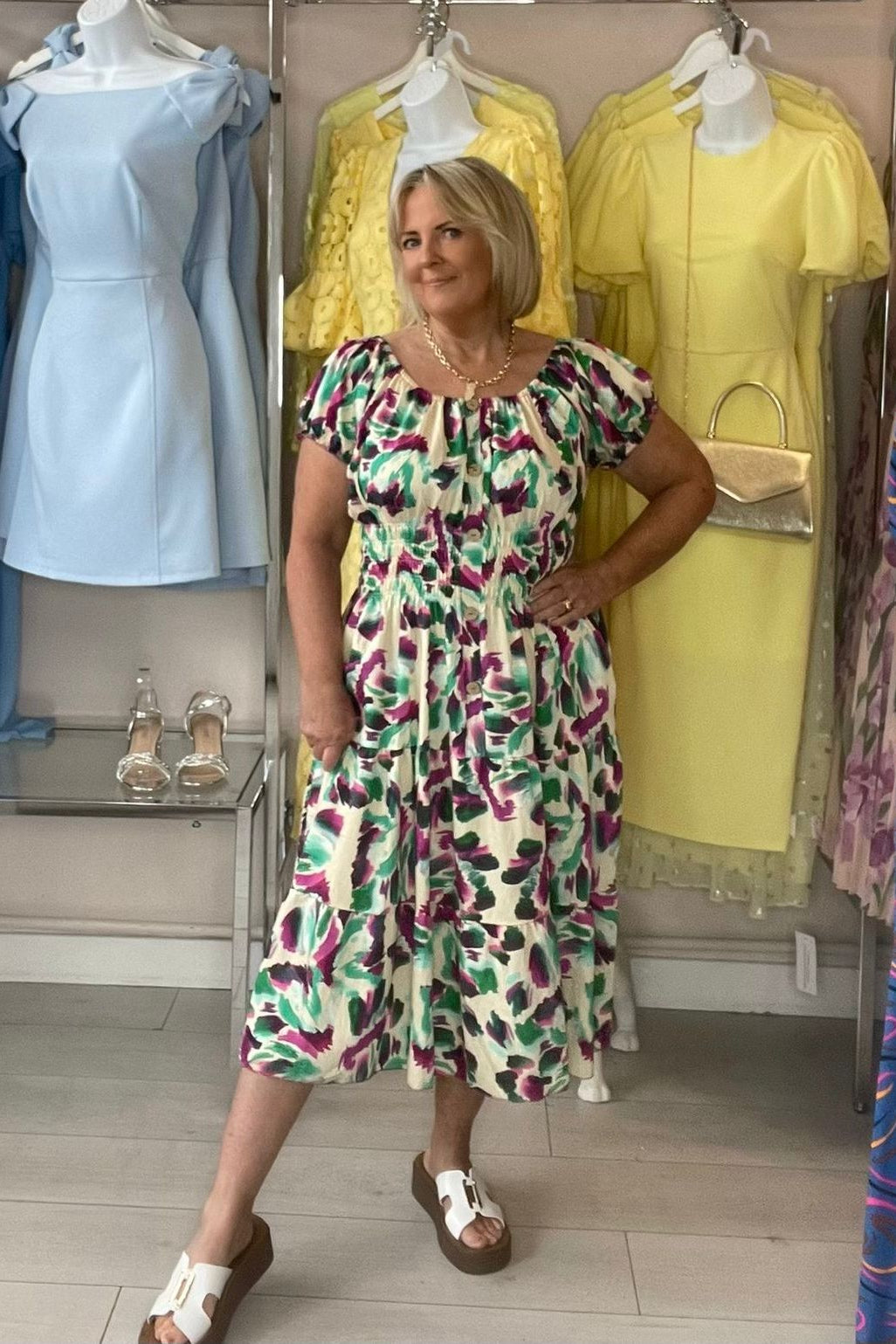 Aqua & Purple Mixed Abstract Shirred Waist Midi Summer Dress