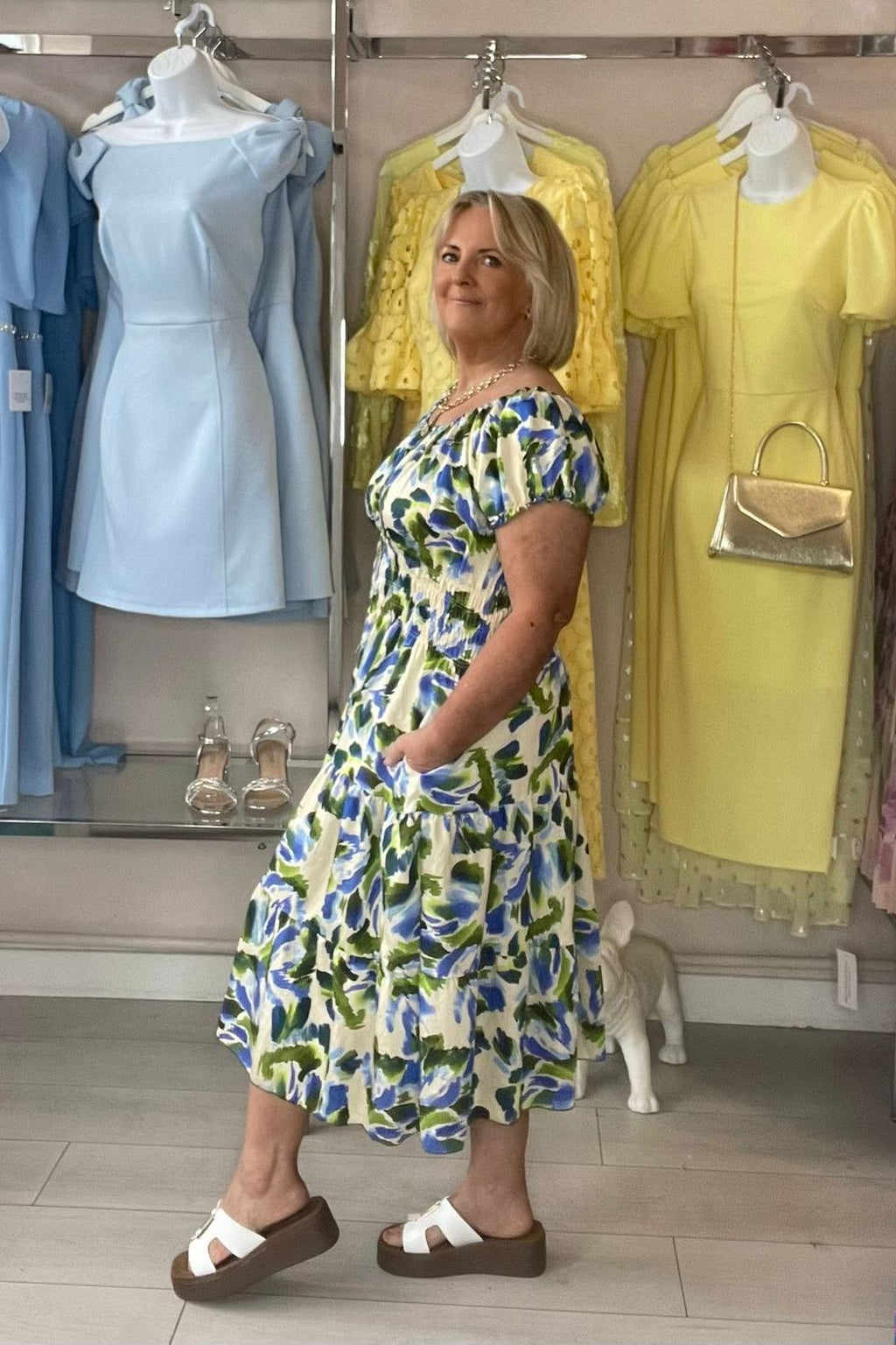 Green & Blue Mixed Abstract Shirred Waist Midi Summer Dress